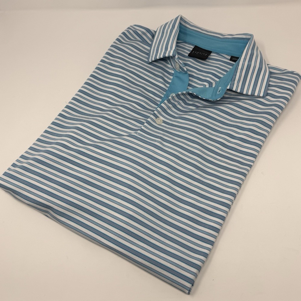 Dunning Golf Men's Medium Light Blue Turquoise White Stripe Polo Shirt